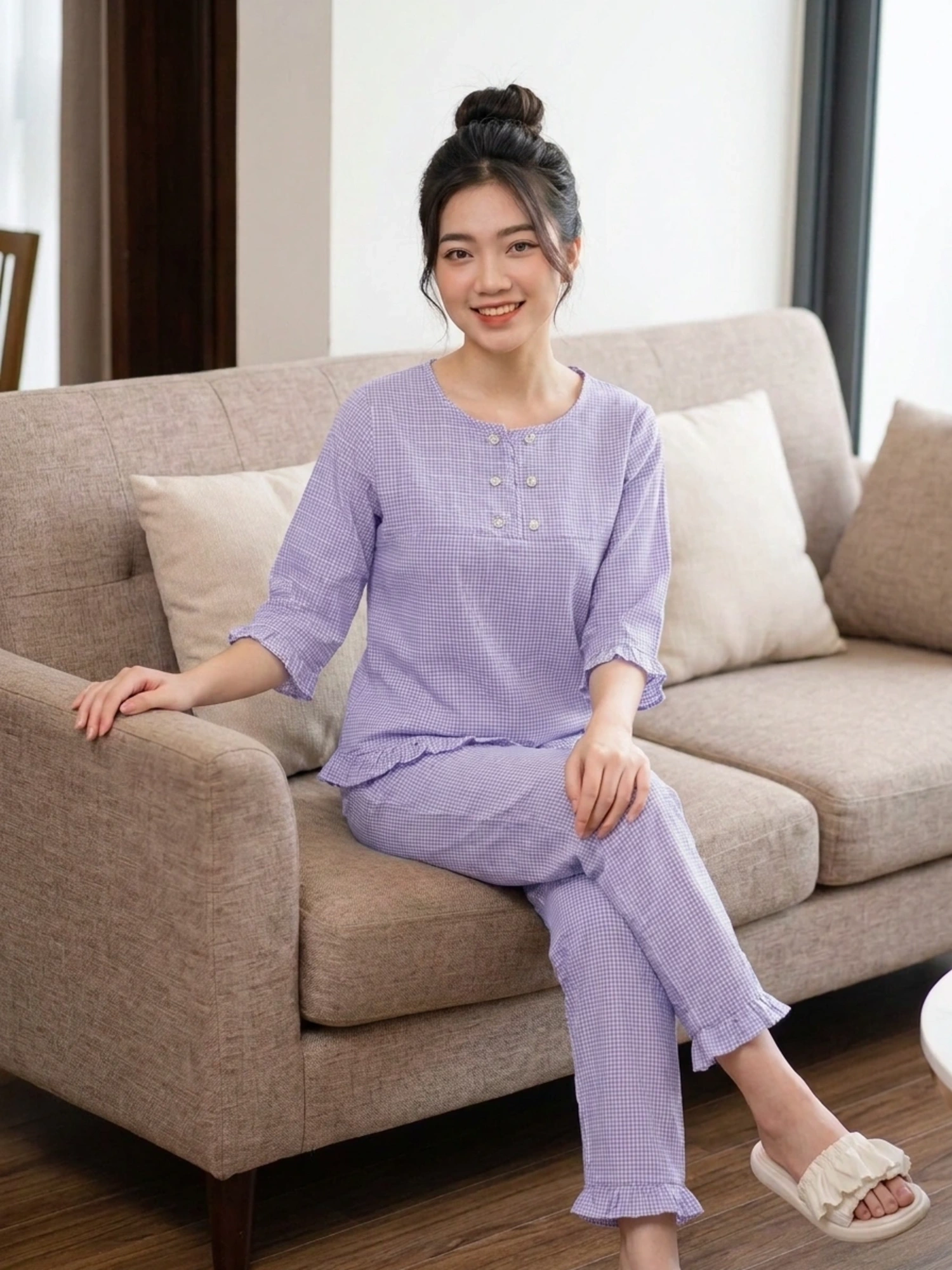 🎀 Bộ Đồ Dài Nữ Tay Lỡ Quần Dài Vải Thô Kẻ Lông Mềm Mát Caro Không Nhăn Dễ Thương (Hàng thiết kế Form chuẩn) 🌸