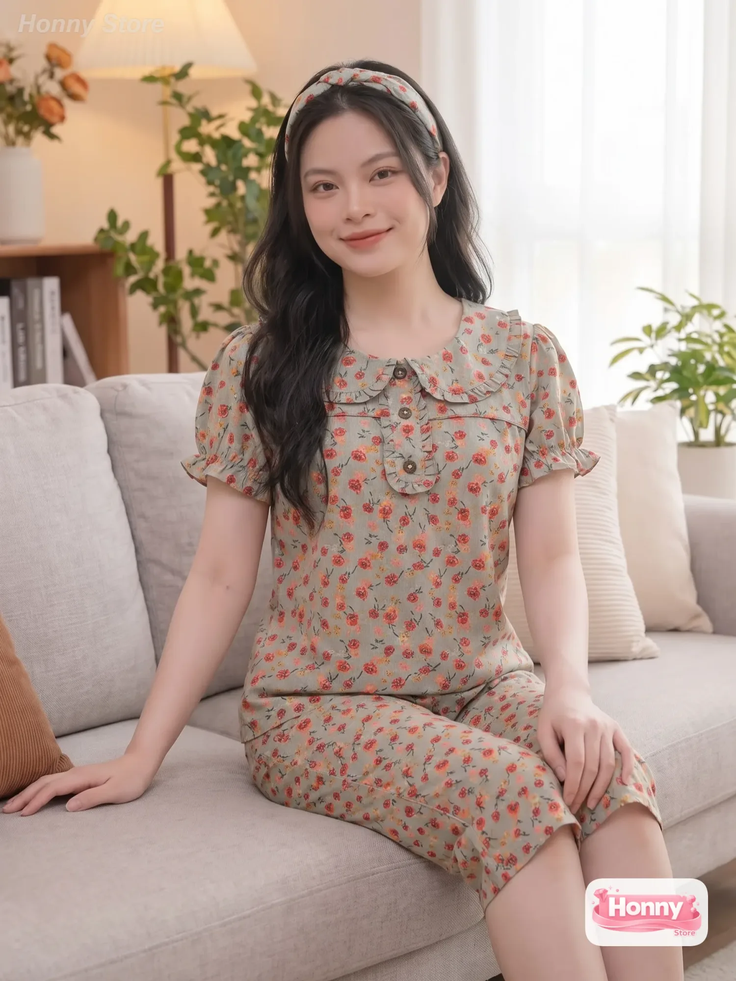🎀 Bộ Đồ Mặc Nhà Nữ Quần Lửng Áo Tay Nhún Cổ Sen Kate Hàn Mềm Mát Hoa Nhí Xinh Xắn (Hàng Thiết Kế Form Chuẩn) 🌸