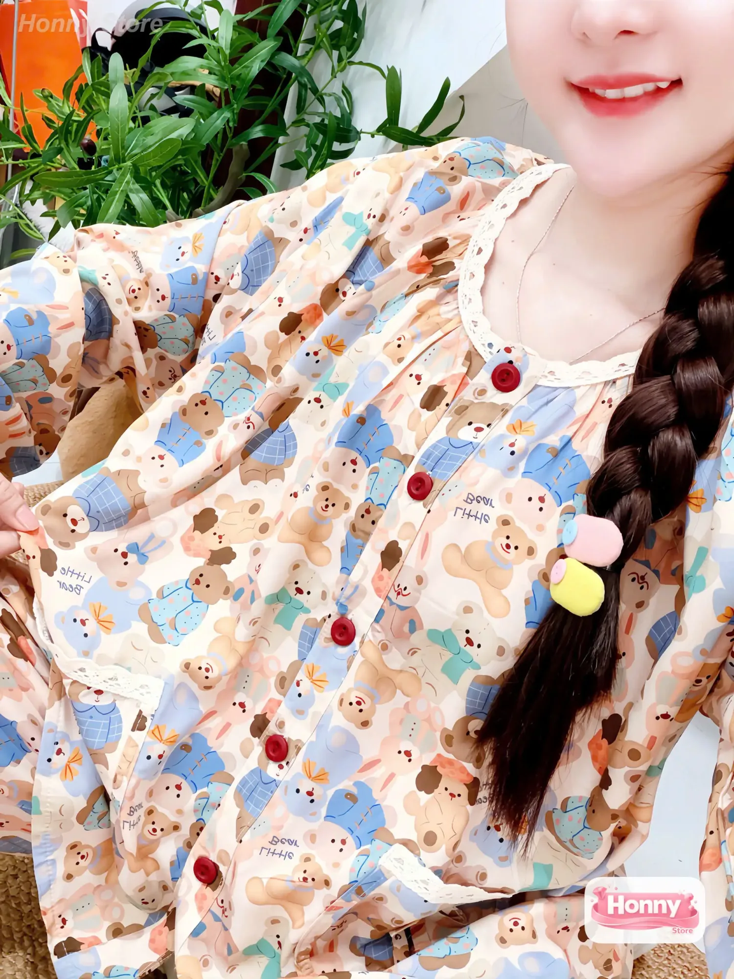 Bộ Đồ Mặc Nhà Lanh Tole F21 Tay Dài Cổ Tròn Viền Ren Cài Cúc Họa Tiết Đáng Yêu Form Rộng Ống Suông