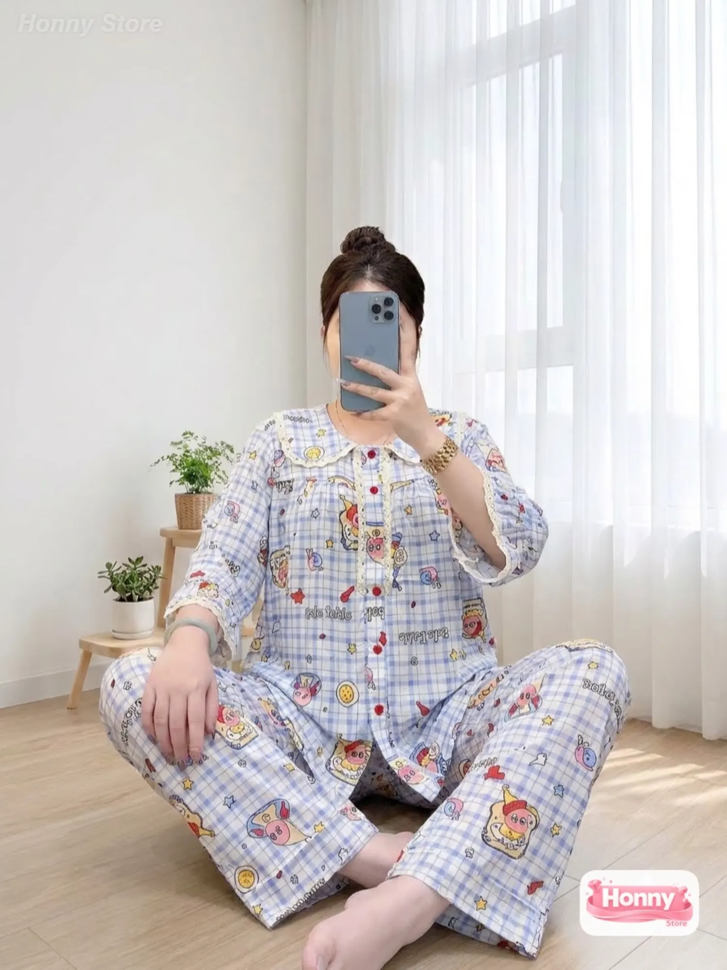 Bộ Đồ Mặc Nhà Lanh Tole F21 Tay Lỡ Cổ Sen Viền Ren Form Rộng Ống Suông Họa Tiết Đáng Yêu